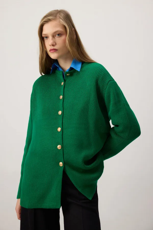 LONG CARDIGAN À BOUTONS DORÉS