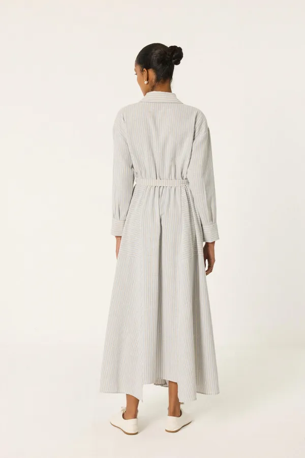 BELİ KUŞAKLI ÇİZGİLİ KETEN ELBİSE