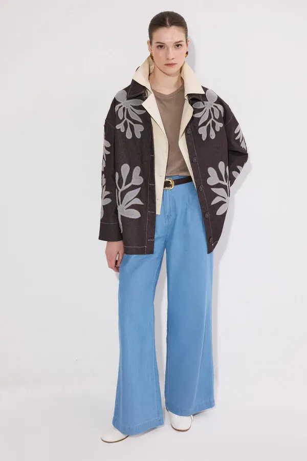 APLİKE NAKIŞLI  KEMERLİ DENİM CEKET