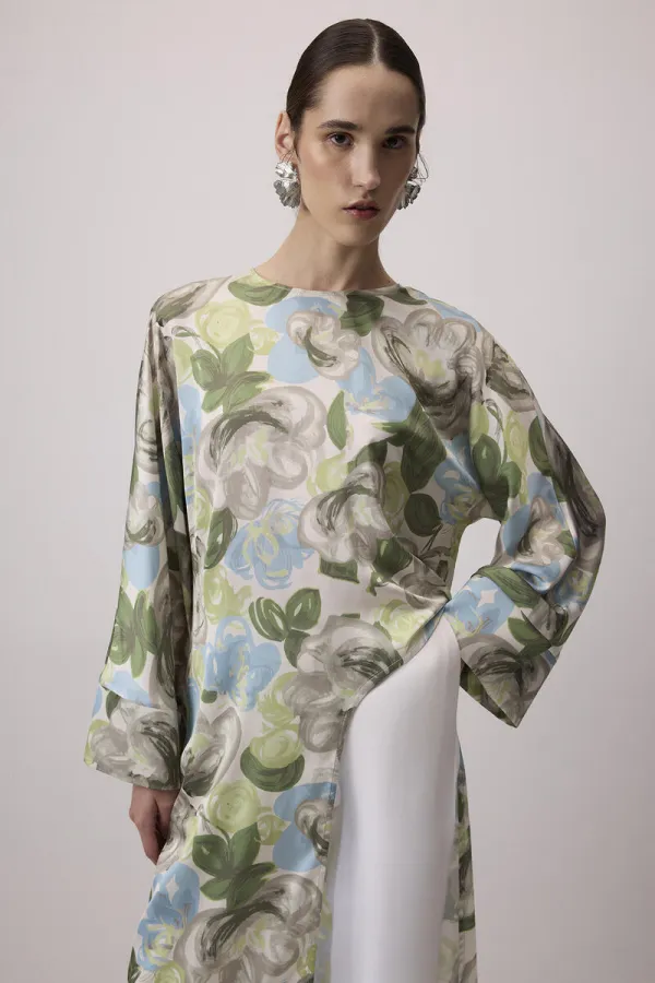 LONG SATIN TUNIC WITH FRONT SLIT