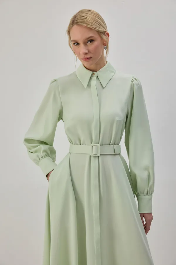 BELTED SATIN SHIRT DRESS