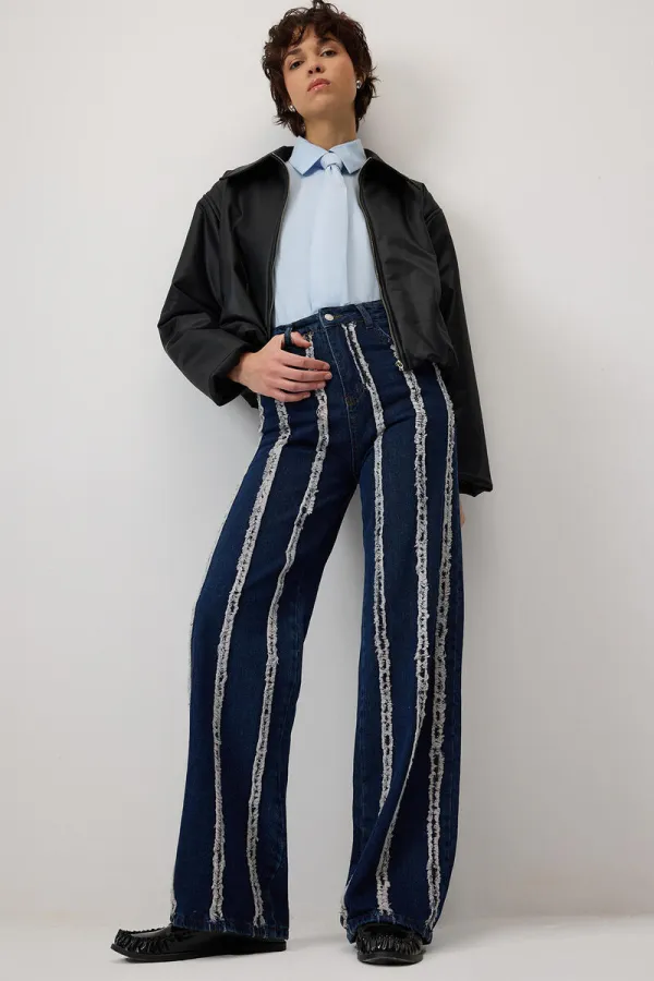 PÜSKÜLLÜ PARÇALI DENIM PANTOLON