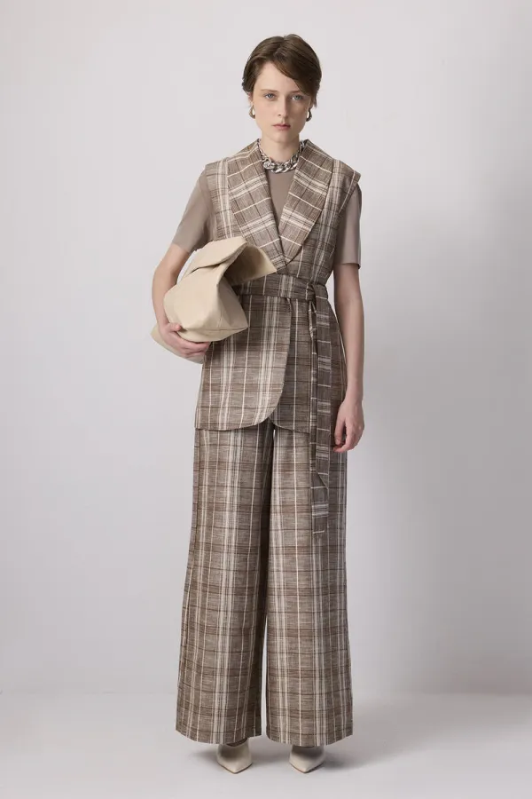 100% Linen Plaid Vest and Trousers Set