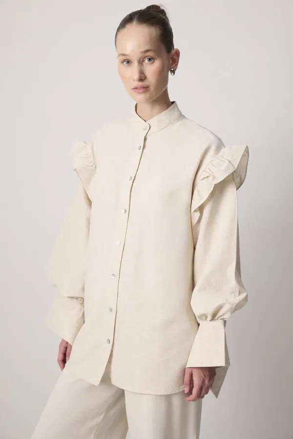 LINEN TEXTURED RUFFLED SHIRT