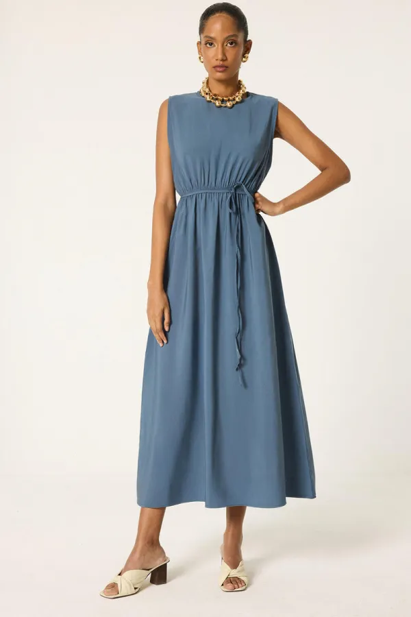 CROP CEKETLİ BELİ BÜZGÜLÜ ELBİSE