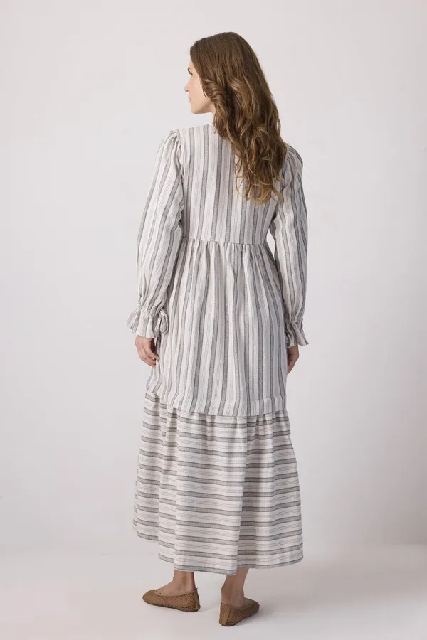 NATUREL DOKULU ÇİZGİLİ ELBİSE