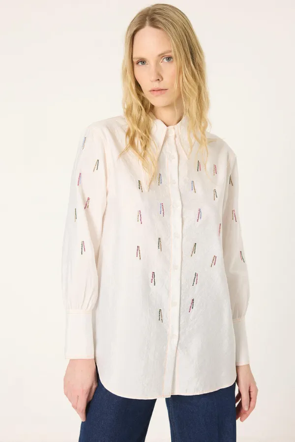 ASİMETRİK YAKA TAŞLI KUPRA GÖMLEK