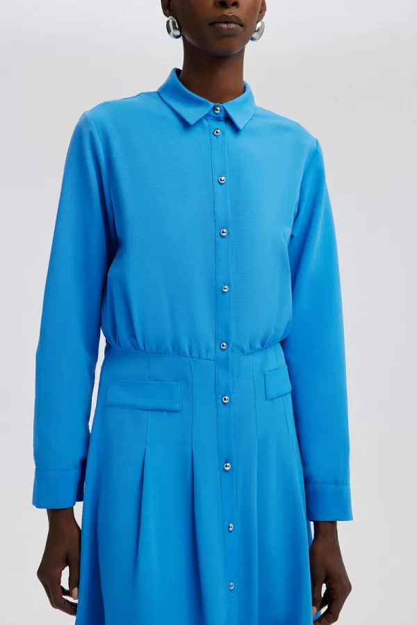 PLEATED LINEN DRESS WITH BUTTON DETAIL