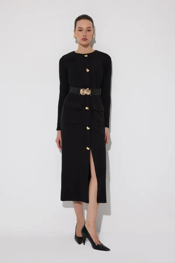 GOLD DÜĞMELİ KEMERLİ ÖRME ELBİSE