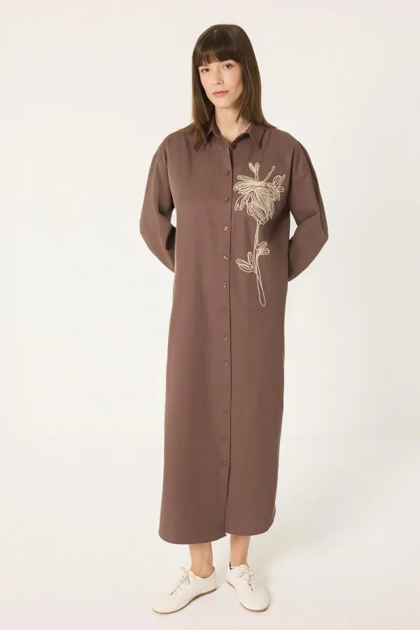 DOĞAL DOKULU NAKIŞLI GÖMLEK ELBİSE