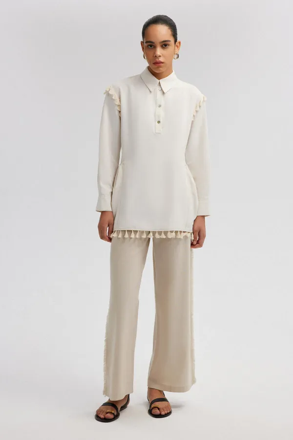 LINEN TEXTURED TUNIC WITH FRINGE DETAILS LINEN TEXTURED TUNIC WITH FRINGE DETAILS