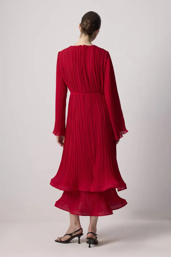 BİYE KEMERLİ PİLİSELİ ŞİFON ELBİSE