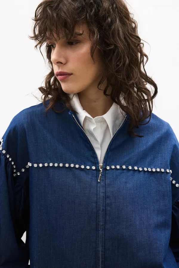 DENİM EFEKTLİ TAŞ İŞLEMELİ OVERSIZE CEKET