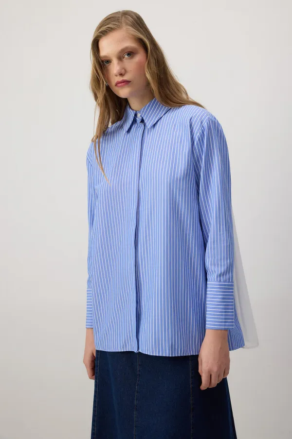 Chiffon Detailed Striped Oversize Shirt Chiffon Detailed Striped Oversize Shirt