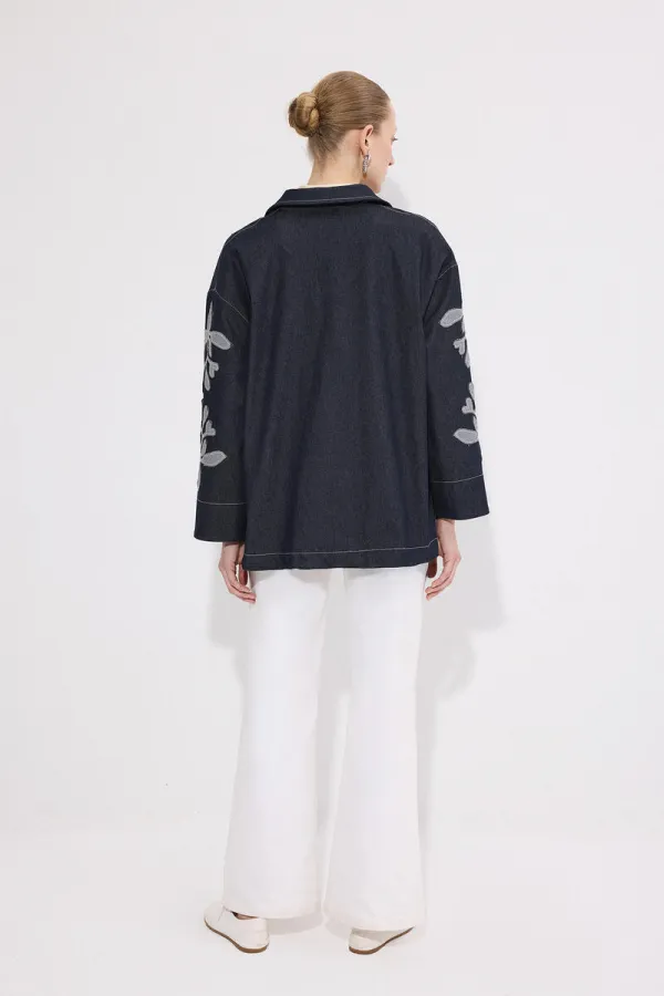 APLİKE NAKIŞLI  KEMERLİ DENİM CEKET