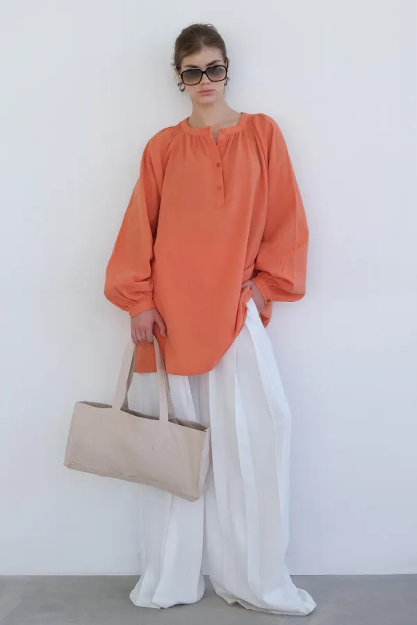 100% COTTON GATHERED COLLAR TUNIC