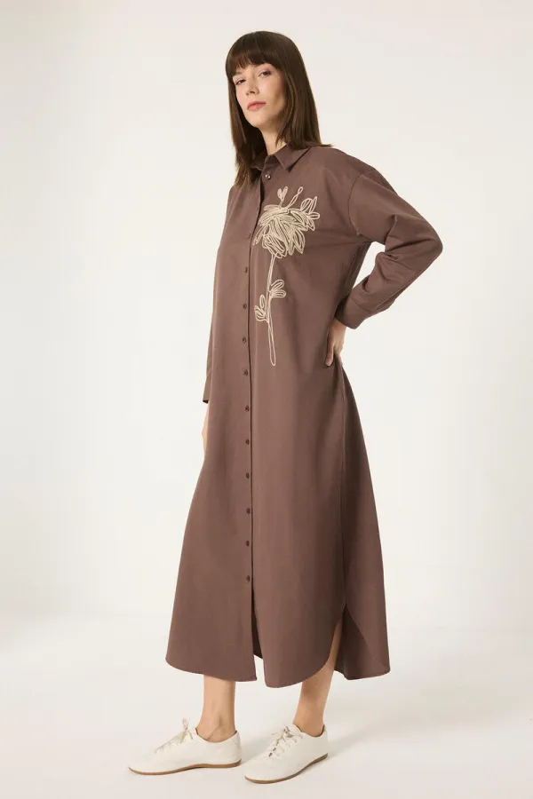 DOĞAL DOKULU NAKIŞLI GÖMLEK ELBİSE