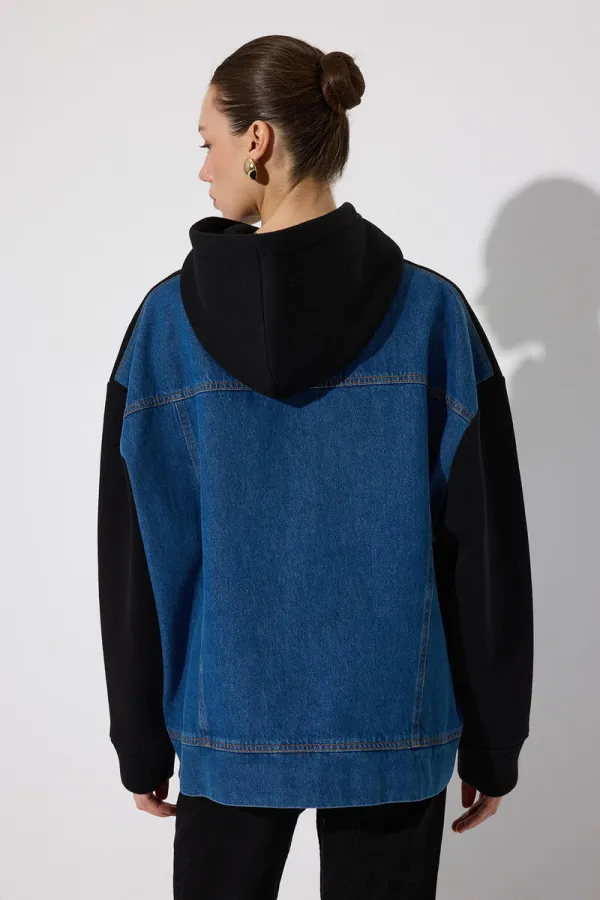 HOODED DENIM DETAILED TUNIC