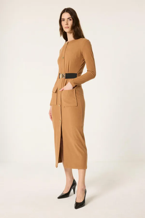 KNITTED DRESS WITH GOLD BUTTONS AND BELT