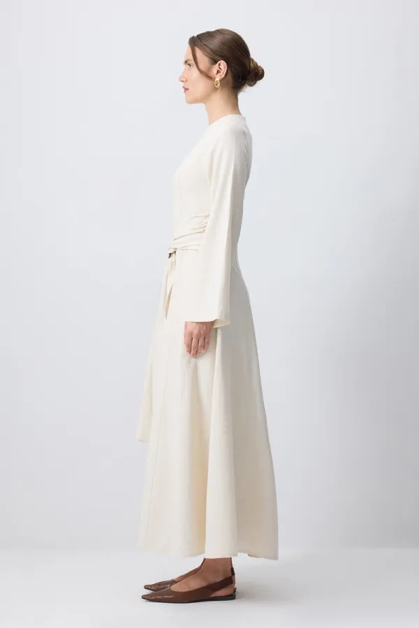 DOĞAL DOKULU KEMER DETAYLI ELBİSE