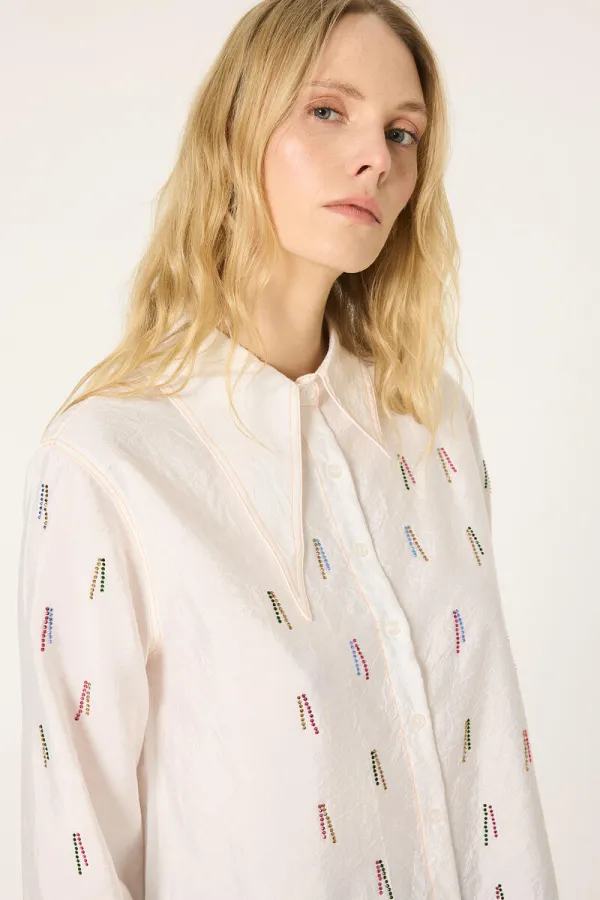 ASİMETRİK YAKA TAŞLI KUPRA GÖMLEK