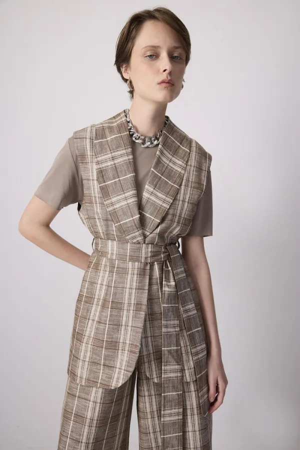 100% Linen Plaid Vest and Trousers Set