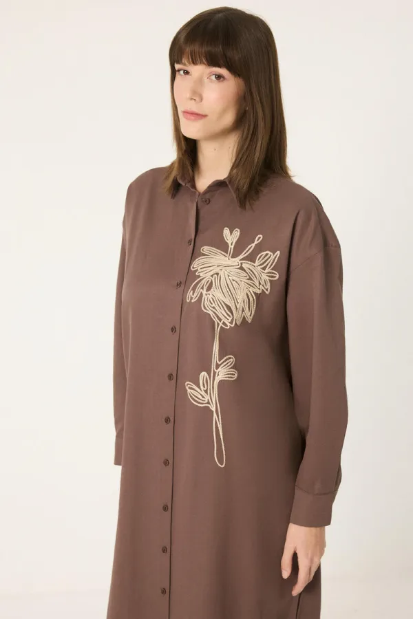 DOĞAL DOKULU NAKIŞLI GÖMLEK ELBİSE