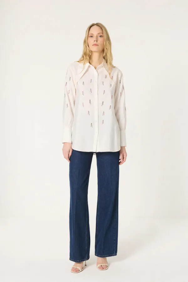 ASİMETRİK YAKA TAŞLI KUPRA GÖMLEK