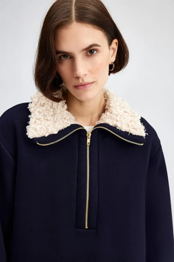 FUR-COLLARED SWEATSHIRT