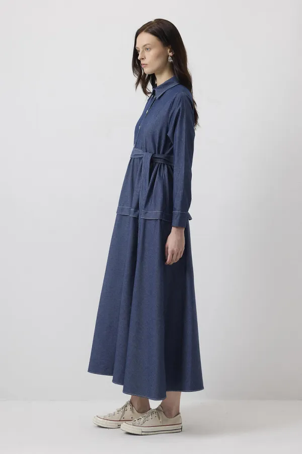 KONTRAST DİKİŞLİ GÖMLEK YAKA ELBİSE