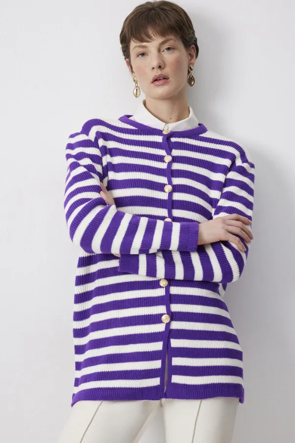 GOLD BUTTONED STRIPED LONG CARDIGAN