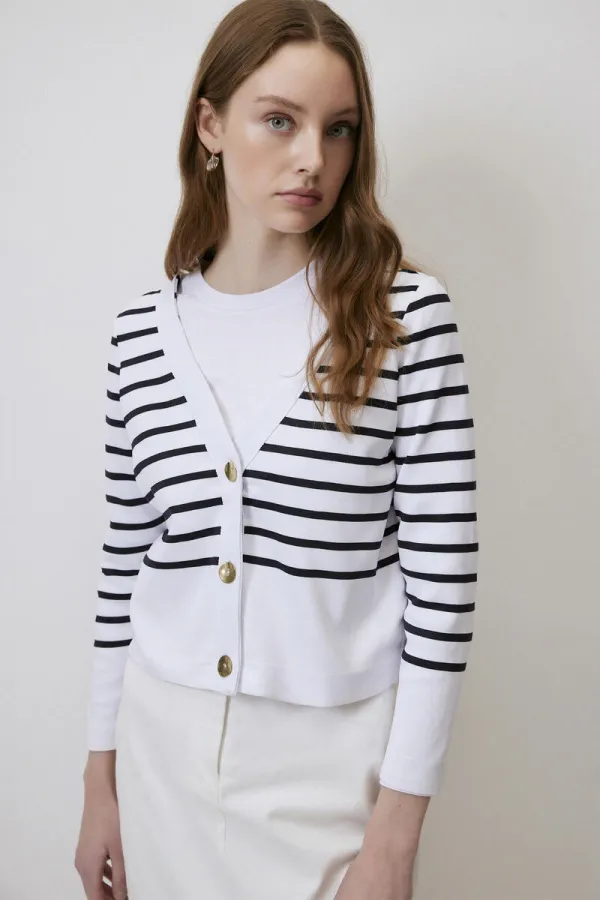STRIPED SHORT KNITTED CARDIGAN