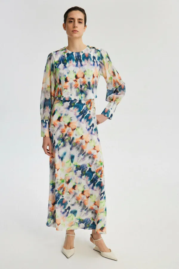 BATİK DESENLİ BELİ KUŞAKLI ELBİSE