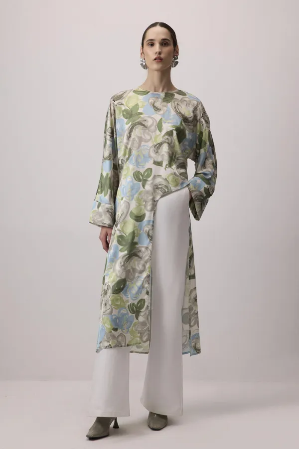 LONG SATIN TUNIC WITH FRONT SLIT