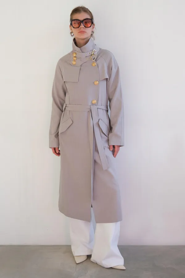 DOUBLE-BREASTED LINEN TRENCH COAT WITH GOLD BUTTONS DOUBLE-BREASTED LINEN TRENCH COAT WITH GOLD BUTTONS