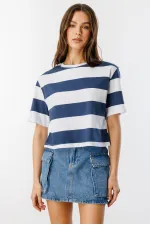 Boxy Fit Bisiklet Yaka Çizgili Basic Kısa Kollu Tişört CROP-ÇİZGİLİ