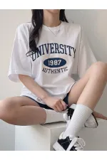 Kadın Tişört Baskılı Uzun T-shirt Pamuklu Oversize Tişört UNIVERSİTY-KADIN