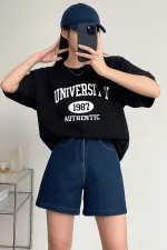 Kadın Tişört Baskılı Uzun T-shirt Pamuklu Oversize Tişört UNIVERSİTY-KADIN