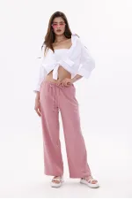 Women's Wide Leg Cotton Viscose Pants with Pockets, Elastic Waistband. WIDE LEG PANTS