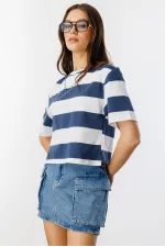 Boxy Fit Bisiklet Yaka Çizgili Basic Kısa Kollu Tişört CROP-ÇİZGİLİ