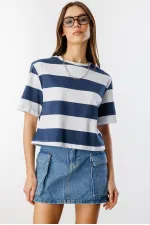 Boxy Fit Bisiklet Yaka Çizgili Basic Kısa Kollu Tişört CROP-ÇİZGİLİ