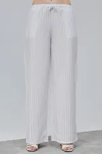 Pantalon rayé taille haute à jambes larges pour femme avec poches