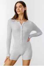 GENIUS STORE Ribbed Long Sleeve Short Jumpsuit Romper LONG SLEEVE-JUMPSUIT