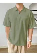 Men's Oversize Polo Collar Waffle T-Shirt - POLO COLLAR - ZIPPERED