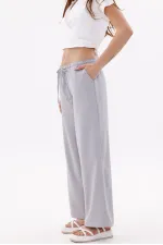 Women's Wide Leg Trousers Cotton Viscose Pocketed Trousers with Elastic Waist WIDE LEG-TROUSERS