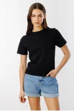 Kadın T-shirt Kısa Kollu Organik Pamuklu Bisiklet Yaka Crop T-shirt