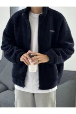 Oversize Peluş Tam Fermuarlı Sweatshirt Peluş İçi Polarlı Sherpa Kumaş Sweatshirt
