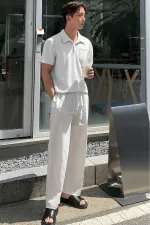 Erkek Oversize Polo Yaka  Waffle T-Shirt  POLOYAKA-DÜĞMELİ