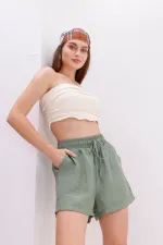 Genıus Store Kadın Şort Aerobin Pamuklu Cepli Çekmez Kumaş Beli Lastikli Şort