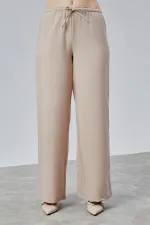 Kadın Pantolon Geniş Paça Yüksel Bel Cepli Çizgili Pantolon ÇİZGİLİ-PANTOLON